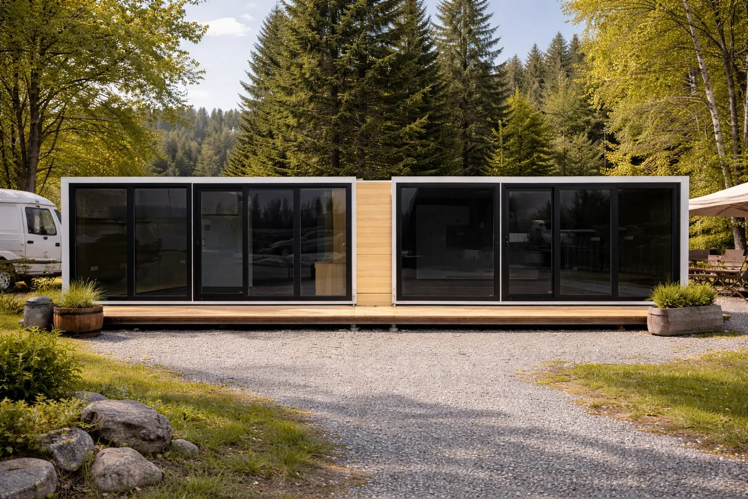 Expandable 40 foot tiny house with bay windows in a forest setting