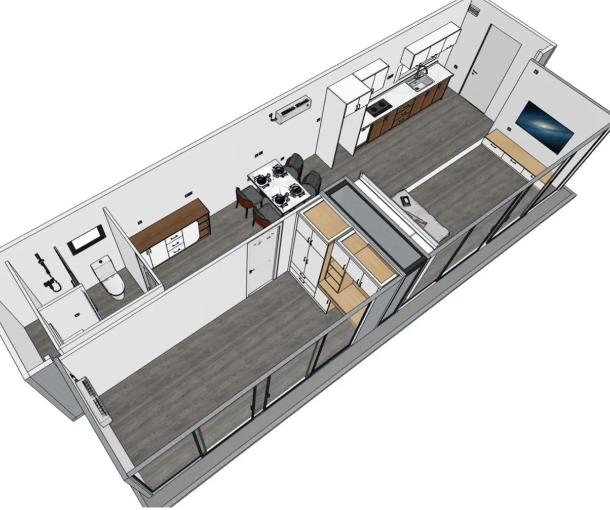 Spacious living room inside expandable 40ft tiny house