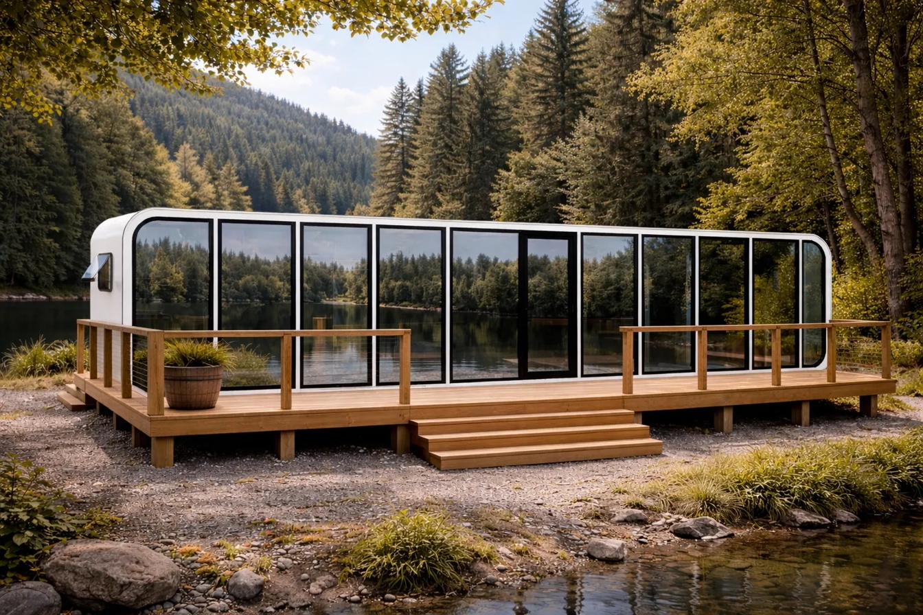 Panoramic 40 foot tiny house with floor-to-ceiling glass facade — ideal for Airbnb