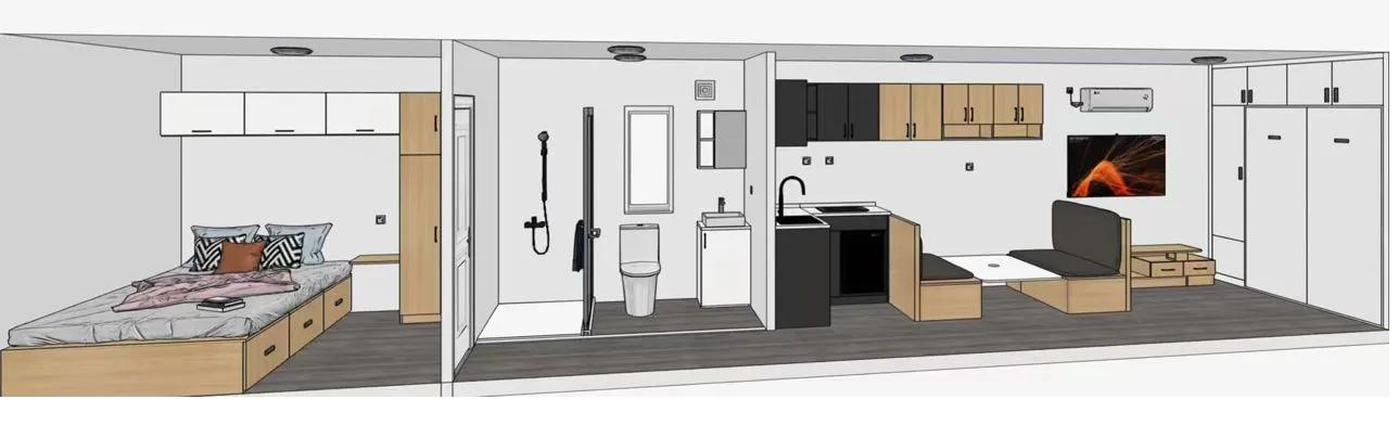 Side cutaway view of the 40ft one-bedroom tiny house layout