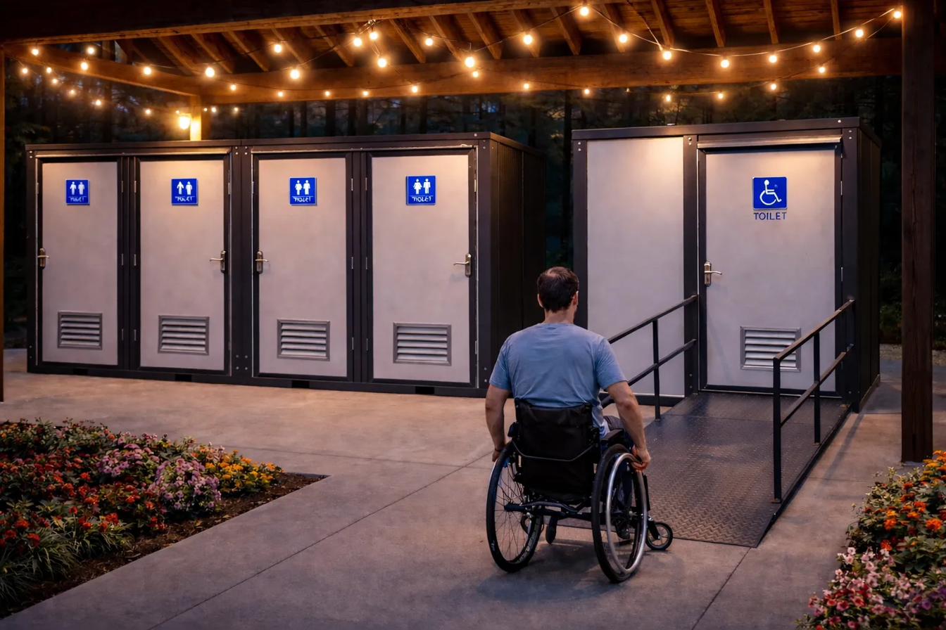 Accessible 7 foot portable toilet with integrated ramp