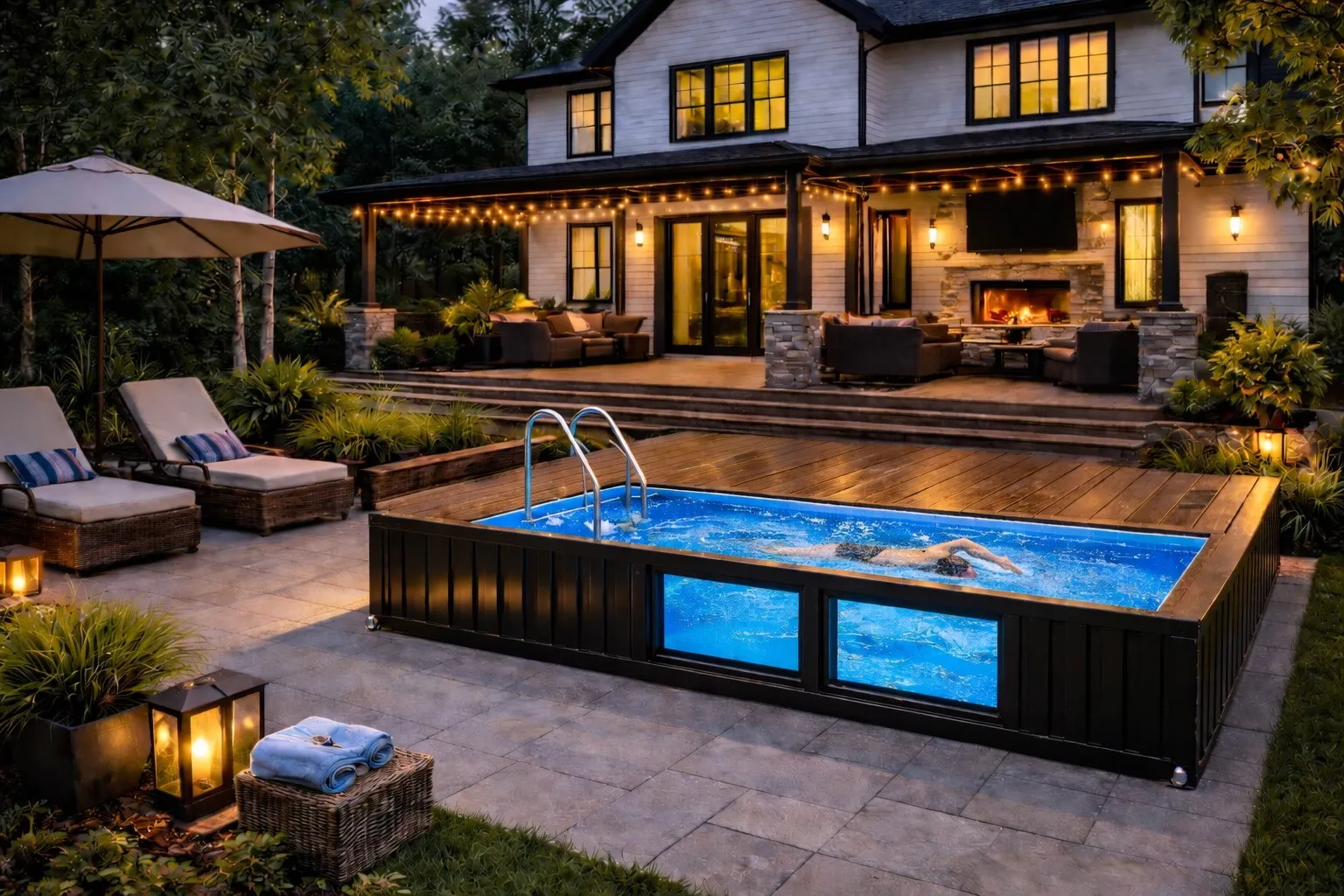 20 foot shipping container swimming pool installed in backyard