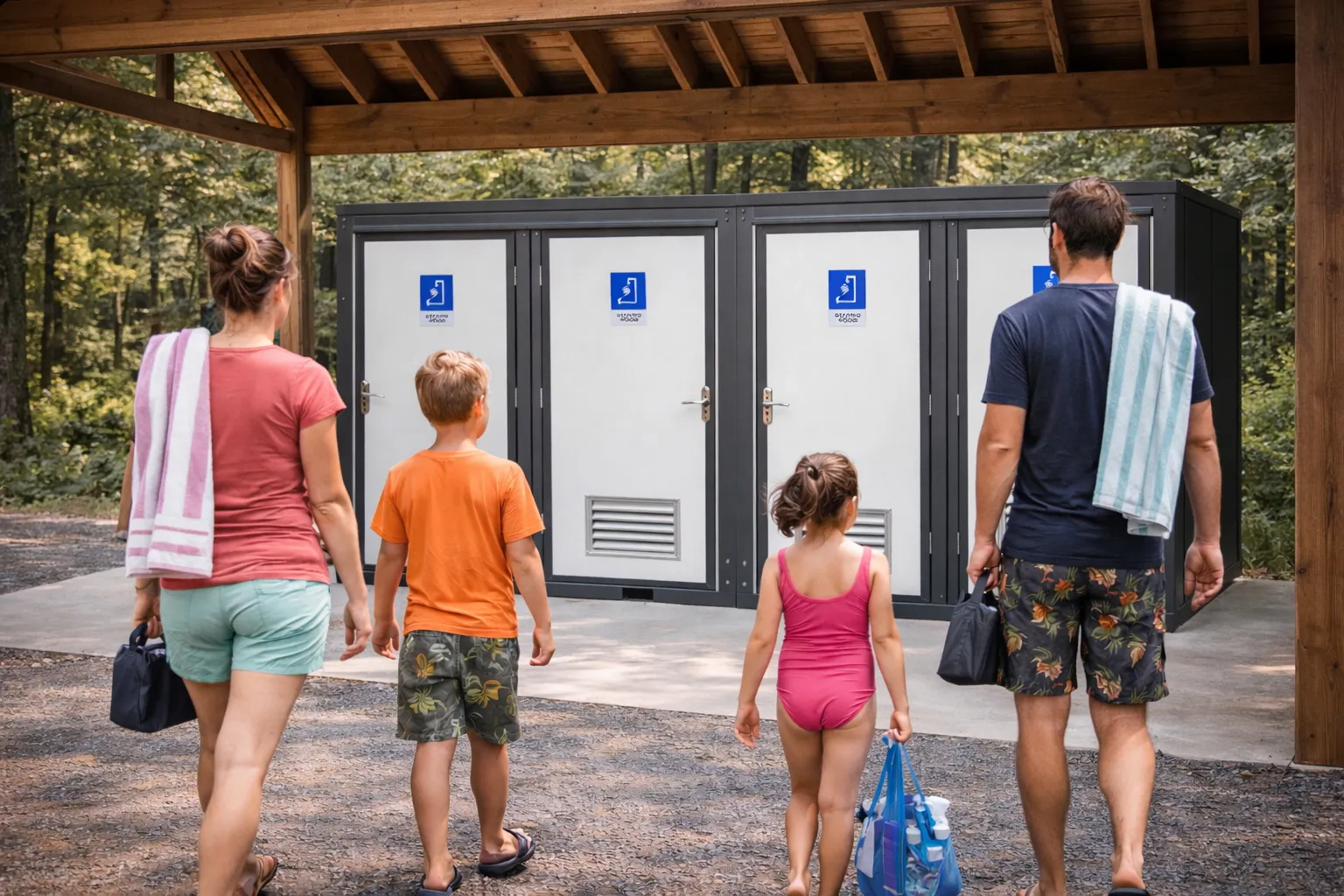 7 foot double portable shower with two private stalls