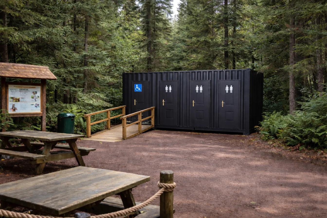 20 foot chemical-free portable bathroom container with four cabins