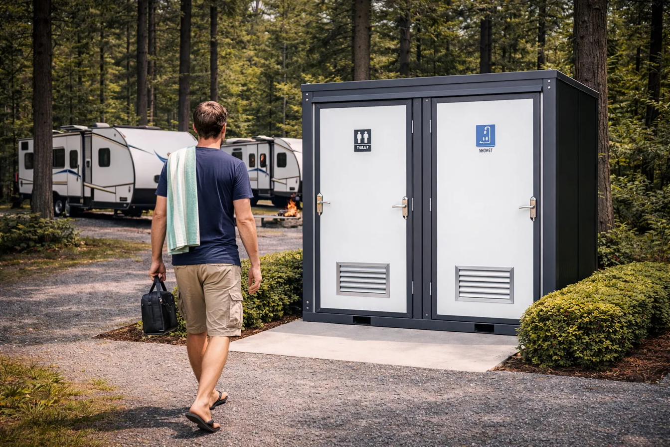 7 foot hybrid portable toilet and shower with two sections